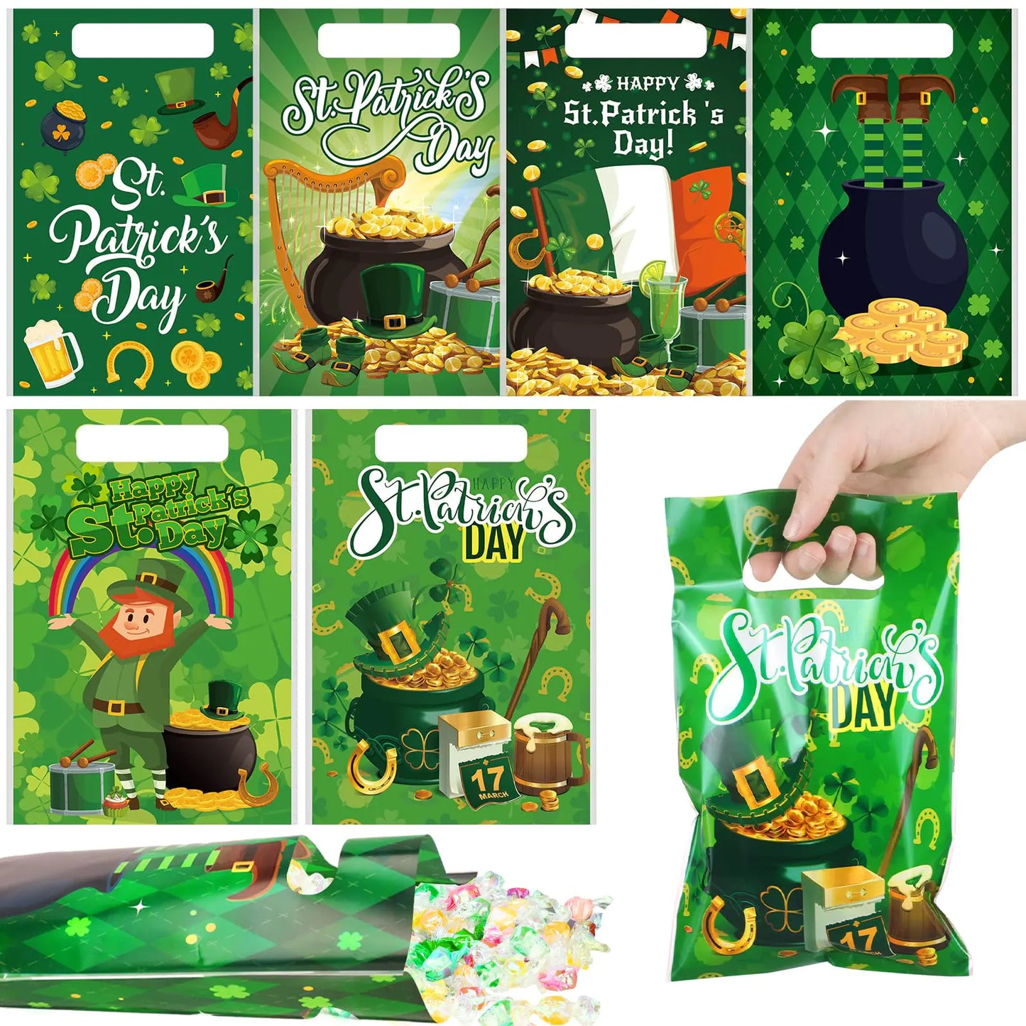 150 Pcs St. Patrick Day Plastic Gift Bags with Handle