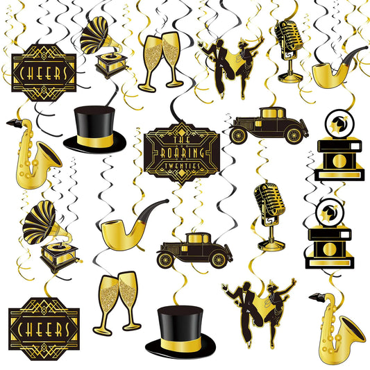 30 Pieces Roaring 20s Swirls Party Decorations Black Gold